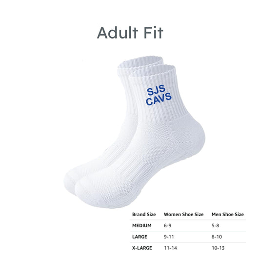 White socks with 'SJS CAVS' branding on a white background, featuring size chart information.