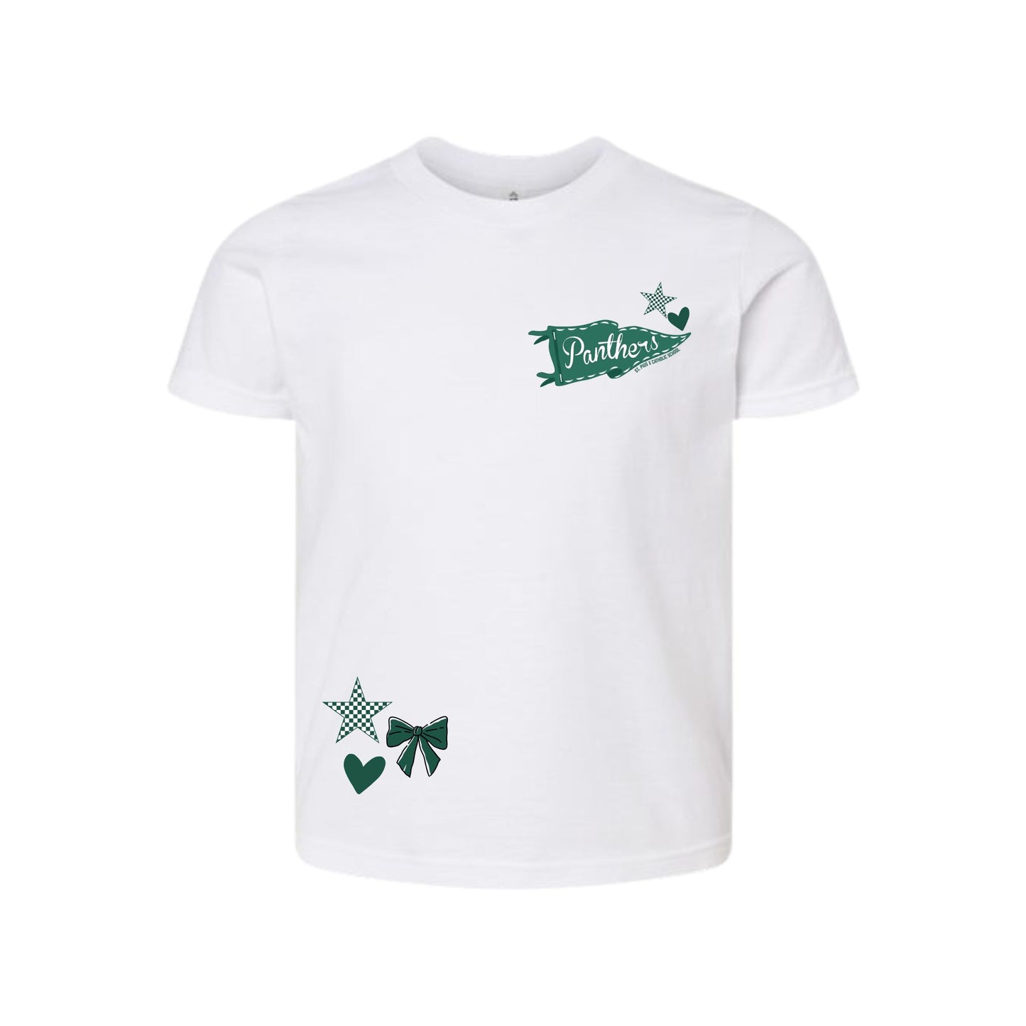 A white short-sleeve crewneck t-shirt featuring a green graphic print on the left chest with the word 'Panthers' inside a pennant flag, and matching green star, bow, and heart motifs on the lower left front.