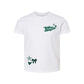 A white short-sleeve crewneck t-shirt featuring a green graphic print on the left chest with the word 'Panthers' inside a pennant flag, and matching green star, bow, and heart motifs on the lower left front.