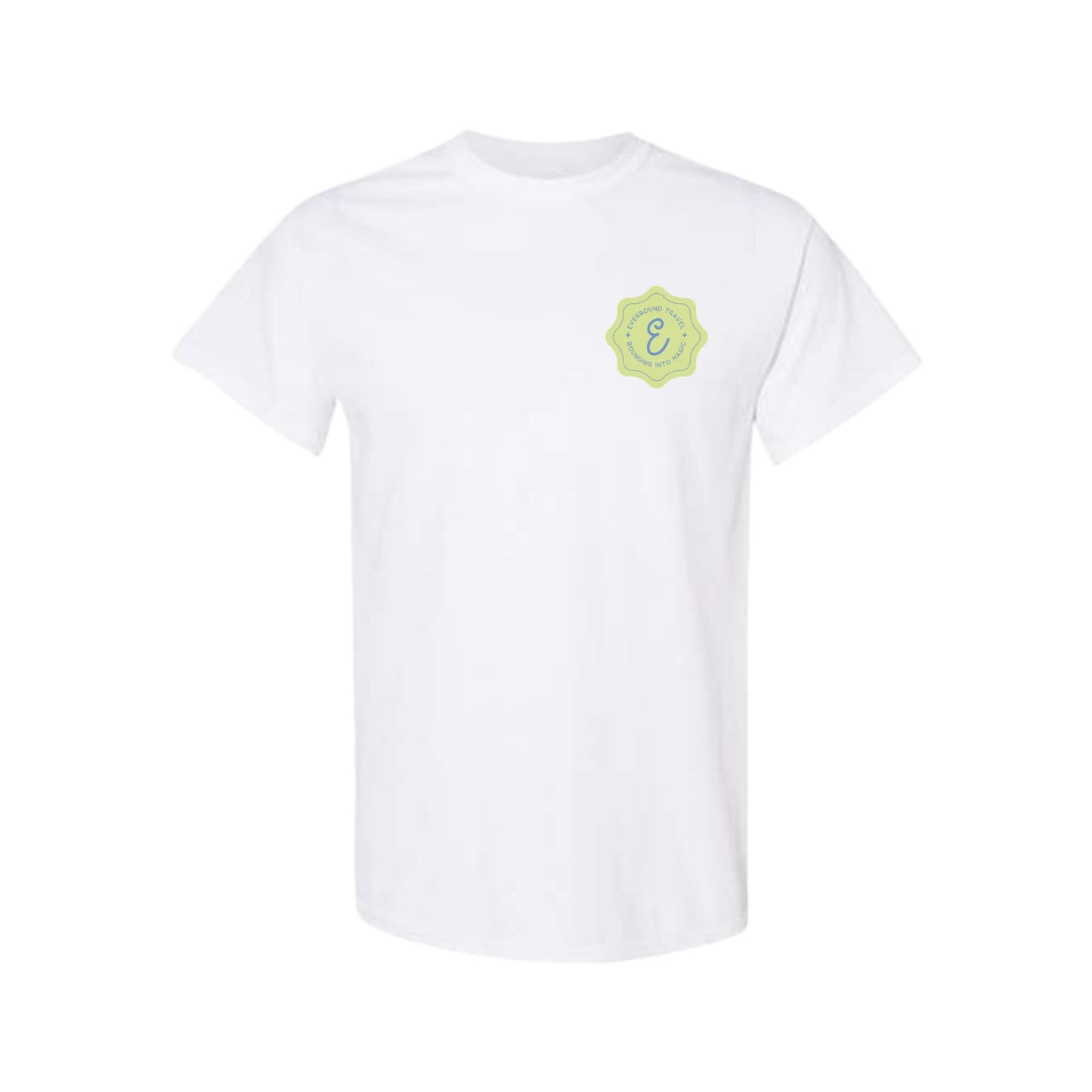 White t-shirt with a green logo on the chest against a white background