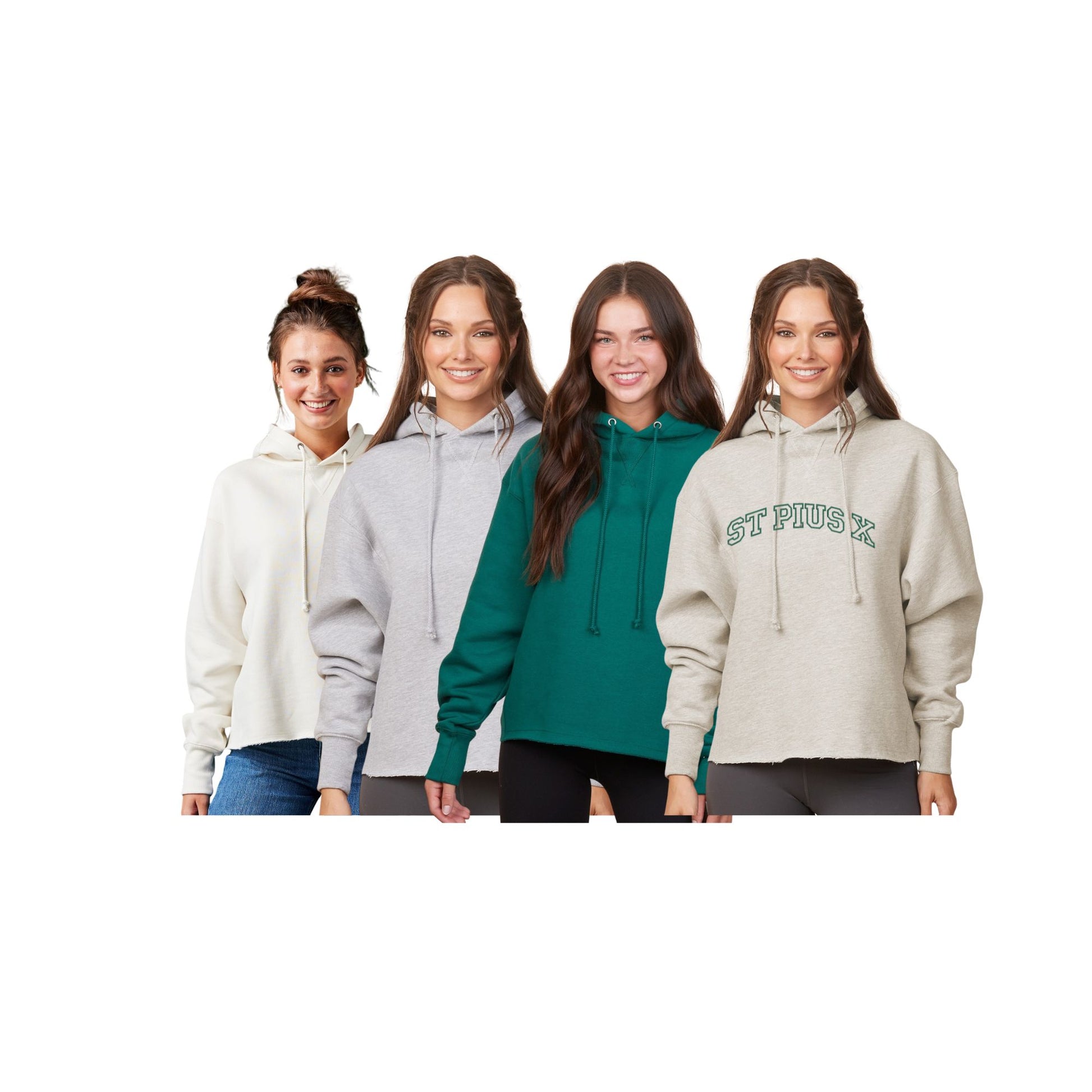 Four women wearing hoodies in different colors on a white background