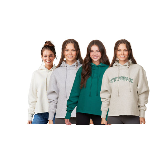 Four women wearing hoodies in different colors on a white background