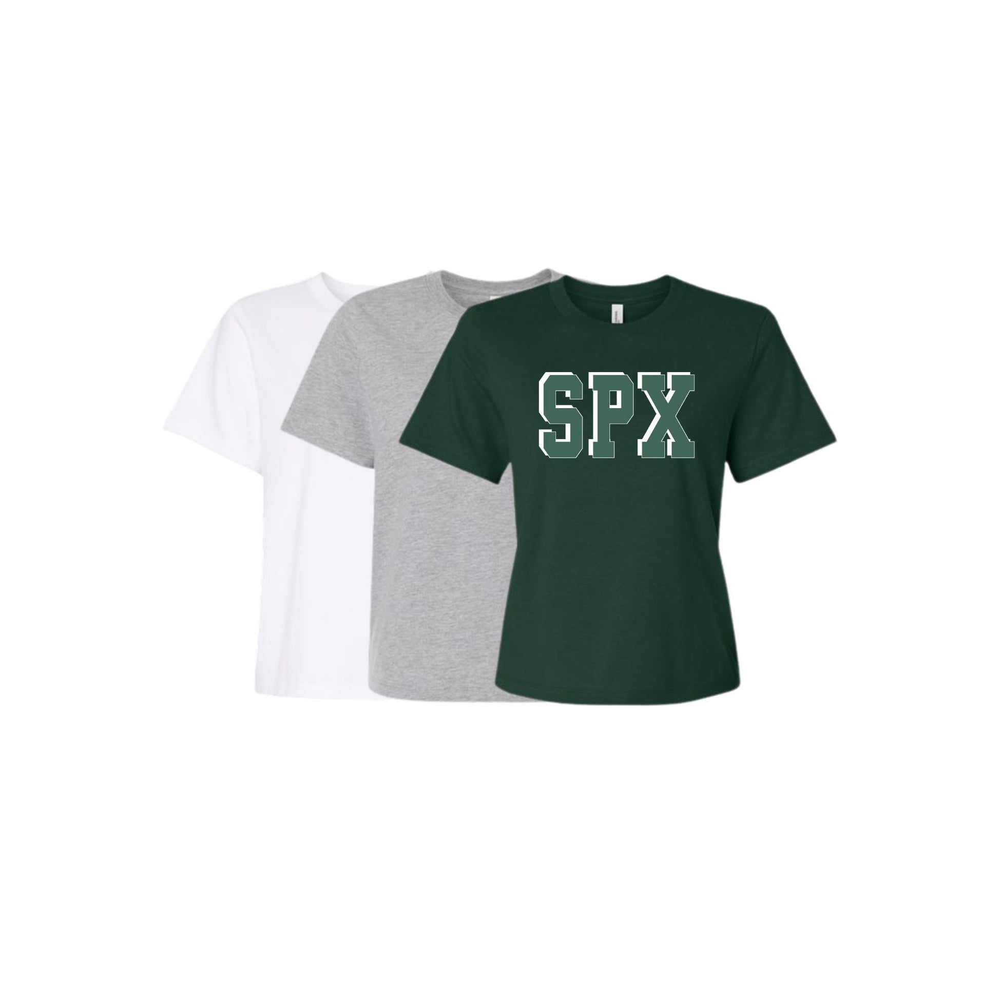 Three t-shirts in white, gray, and green with 'SPX' printed on them.