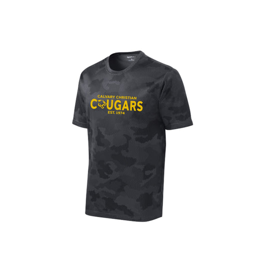 iron grey camohex tee with custom calvary christian cougars print in gold ink across the center chest