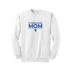 White crewneck sweatshirt with a royal blue st. joseph school mom printed design