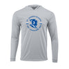 hooded long sleeve aluminum performance tee with custom st. joseph school cavaliers printed design in royal blue and silver gray