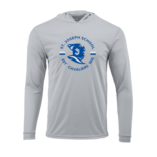 hooded long sleeve aluminum performance tee with custom st. joseph school cavaliers printed design in royal blue and silver gray