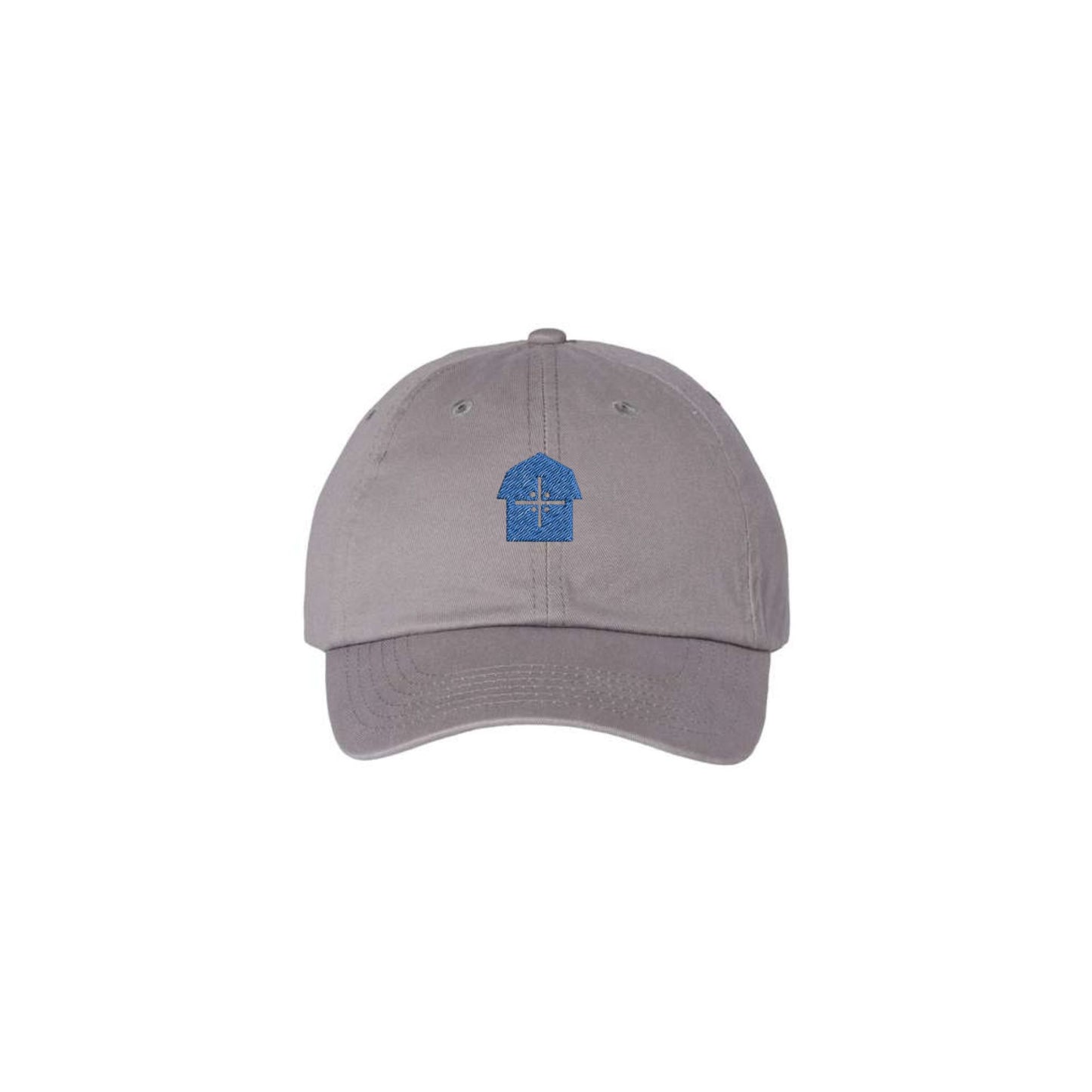 grey cap with a blue embroidered vmm barn logo 