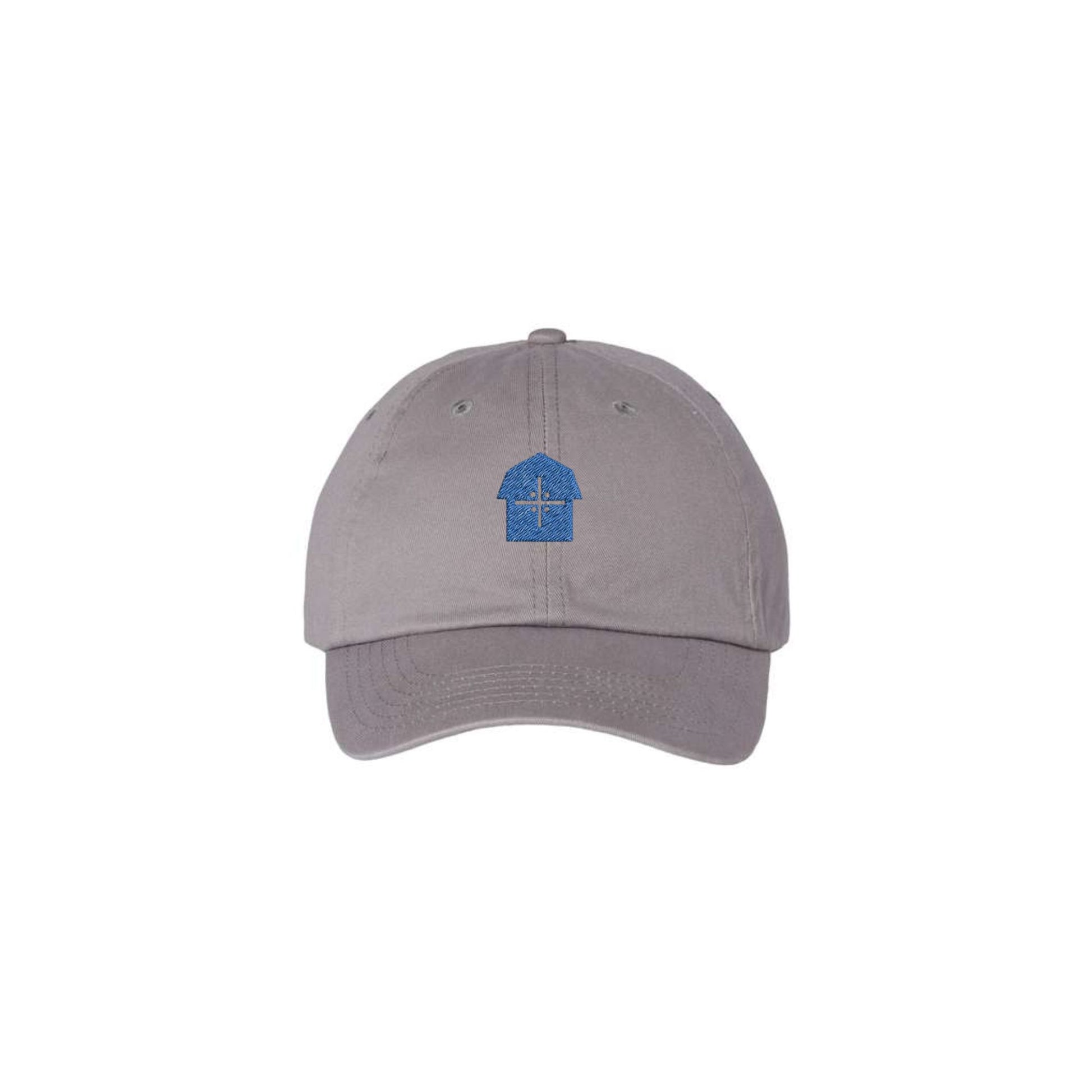 grey cap with a blue embroidered vmm barn logo 