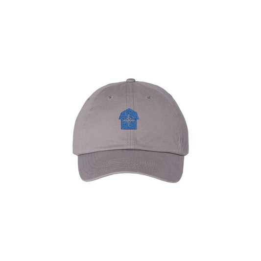 grey cap with a blue embroidered vmm barn logo 