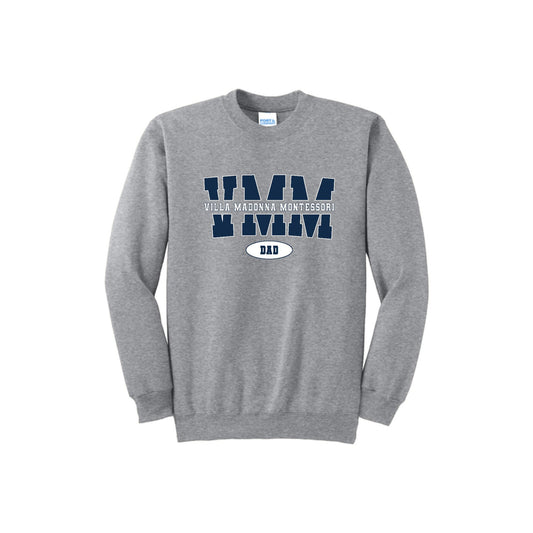 A heather gray crewneck sweatshirt featuring a navy blue graphic on the chest that reads 'VVM' with 'VILLA MADONNA MONTESSOR' and 'DAD' printed below it.