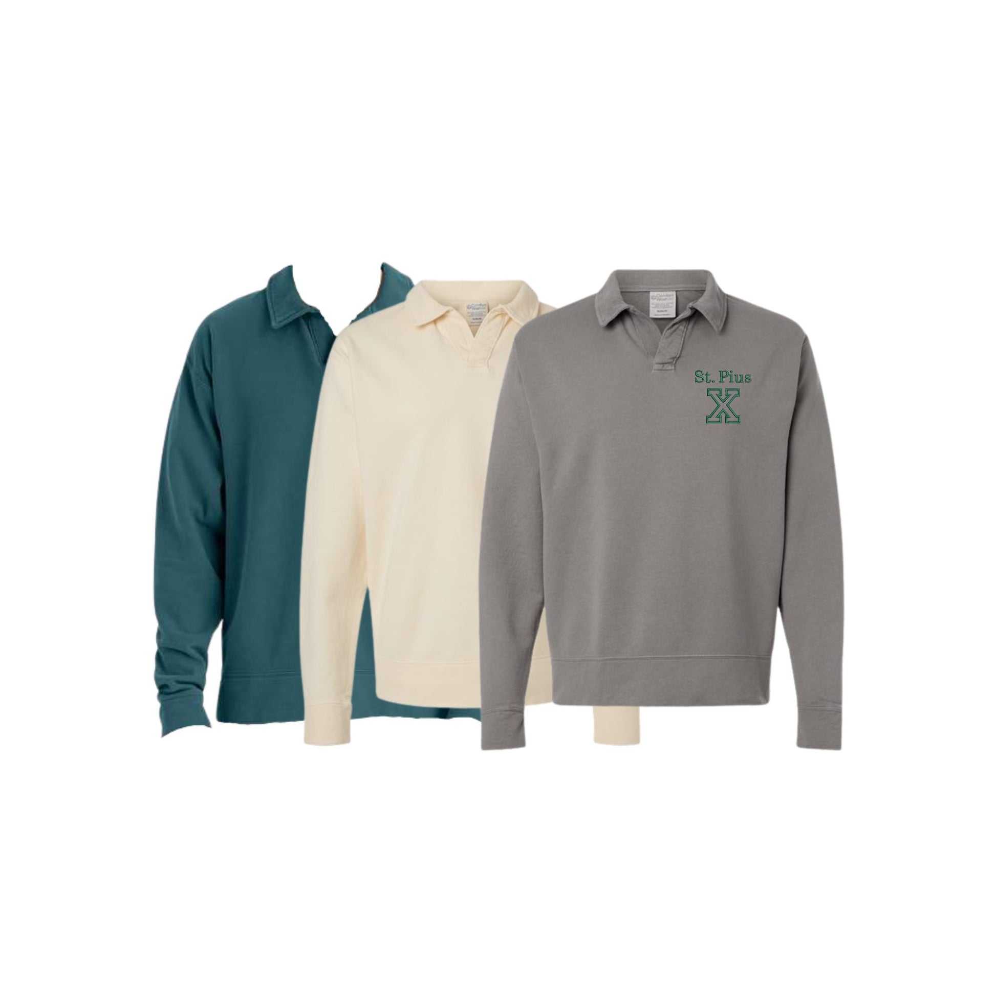 Three polo shirts in teal, beige, and gray with 'St. Plus' branding on a white background.