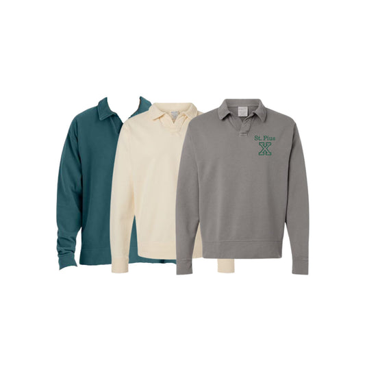 Three polo shirts in teal, beige, and gray with 'St. Plus' branding on a white background.
