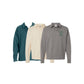 Three polo shirts in teal, beige, and gray with 'St. Plus' branding on a white background.