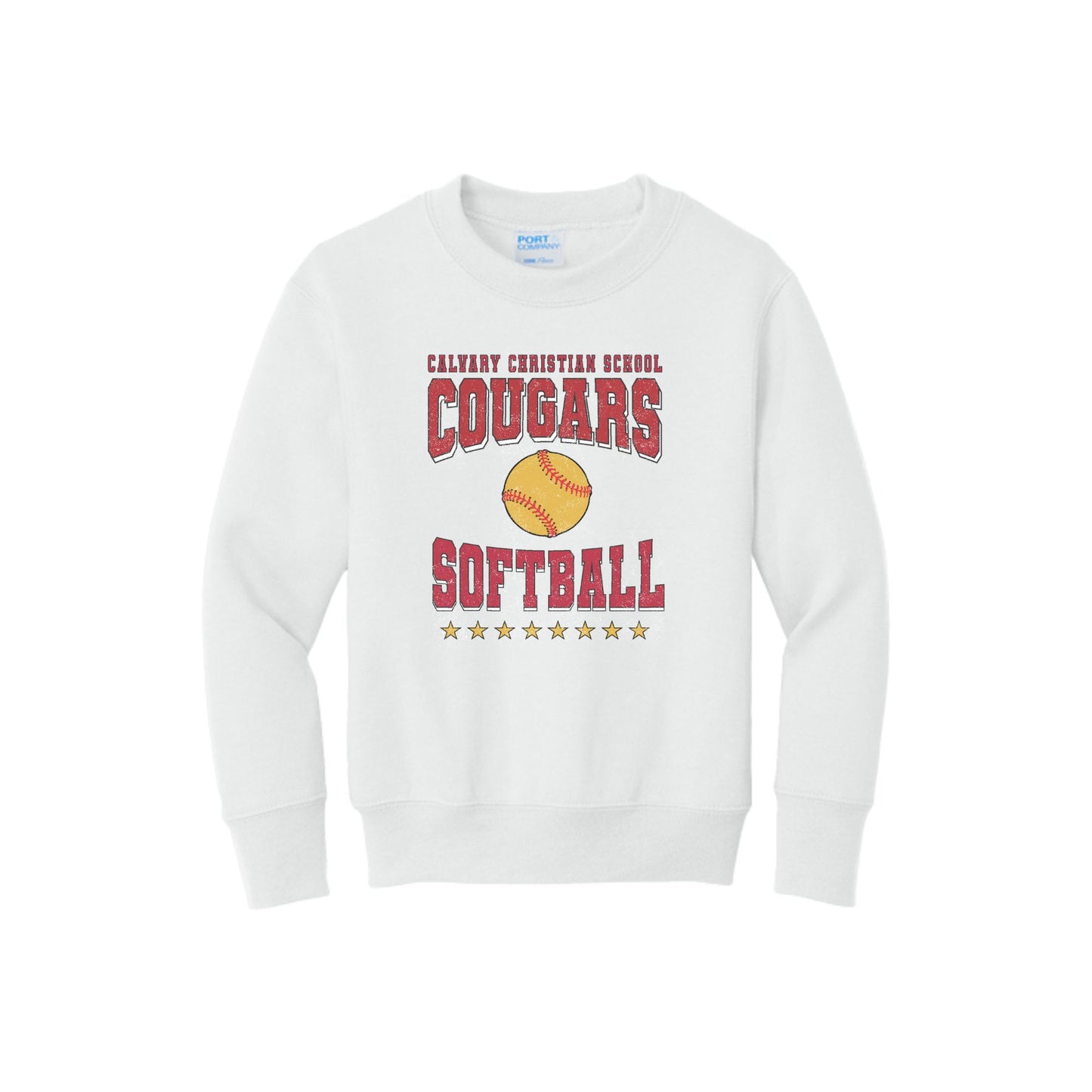 White sweatshirt with 'Calvary Christian School Cougars Softball' text and softball graphic on a white background