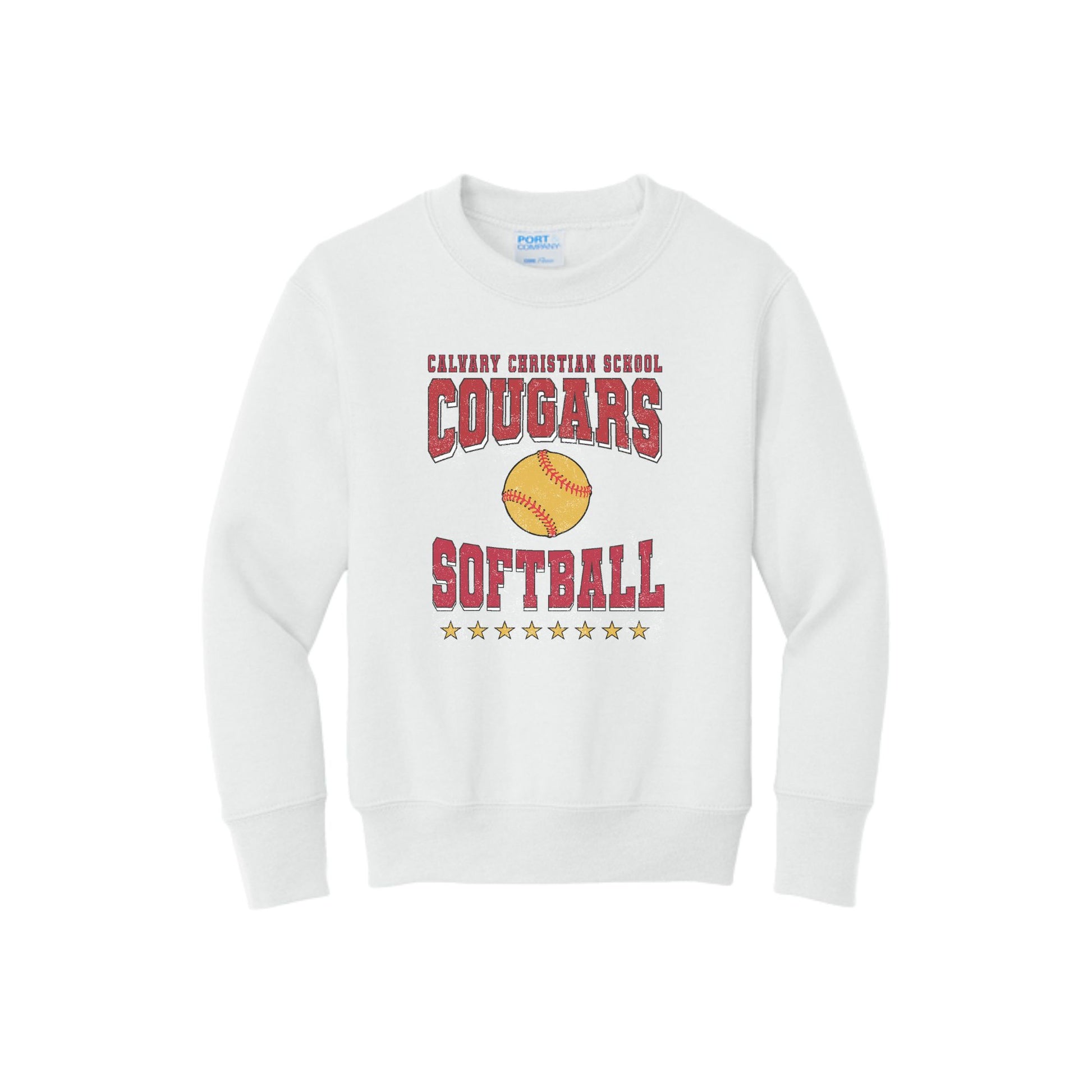 White sweatshirt with 'Calvary Christian School Cougars Softball' text and softball graphic on a white background