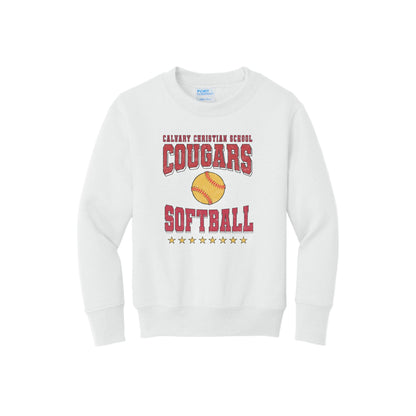 White sweatshirt with 'Calvary Christian School Cougars Softball' text and softball graphic on a white background