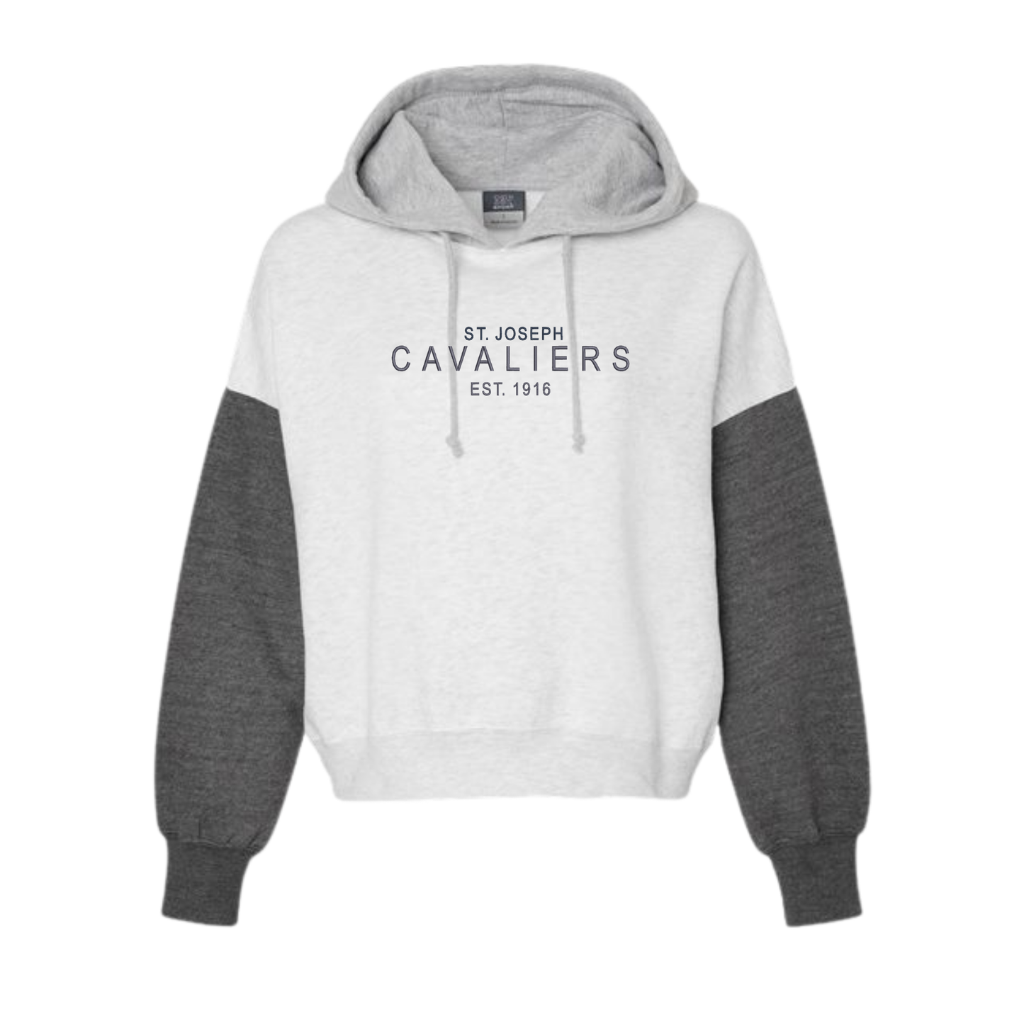 Ladies St. Joseph Cavaliers Embroidered Color Blocked Crop Hooded Sweatshirt | SJSEA