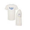 An off-white short-sleeve t-shirt shown from two angles: a front view featuring the blue text 'Montessori mom' and a small heart, and a side/back view showing a blue cross with 'VMH' on the sleeve.
