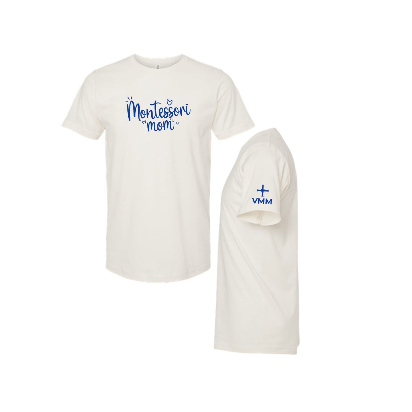 An off-white short-sleeve t-shirt shown from two angles: a front view featuring the blue text 'Montessori mom' and a small heart, and a side/back view showing a blue cross with 'VMH' on the sleeve.