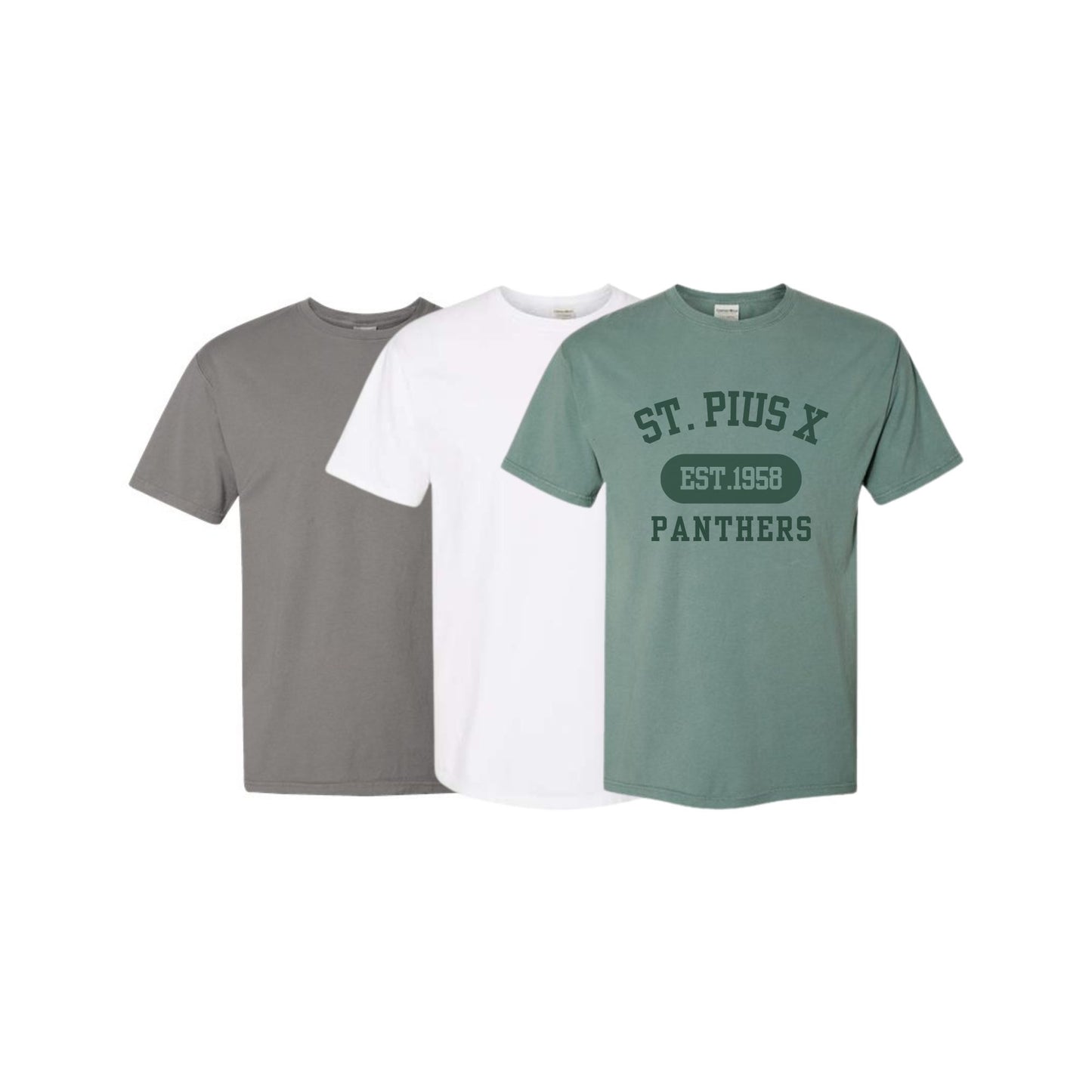 Three t-shirts in gray, white, and green with 'St. Pius X Panthers' text on a white background.