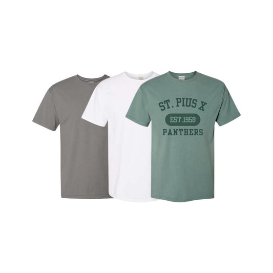 Three t-shirts in gray, white, and green with 'St. Pius X Panthers' text on a white background.
