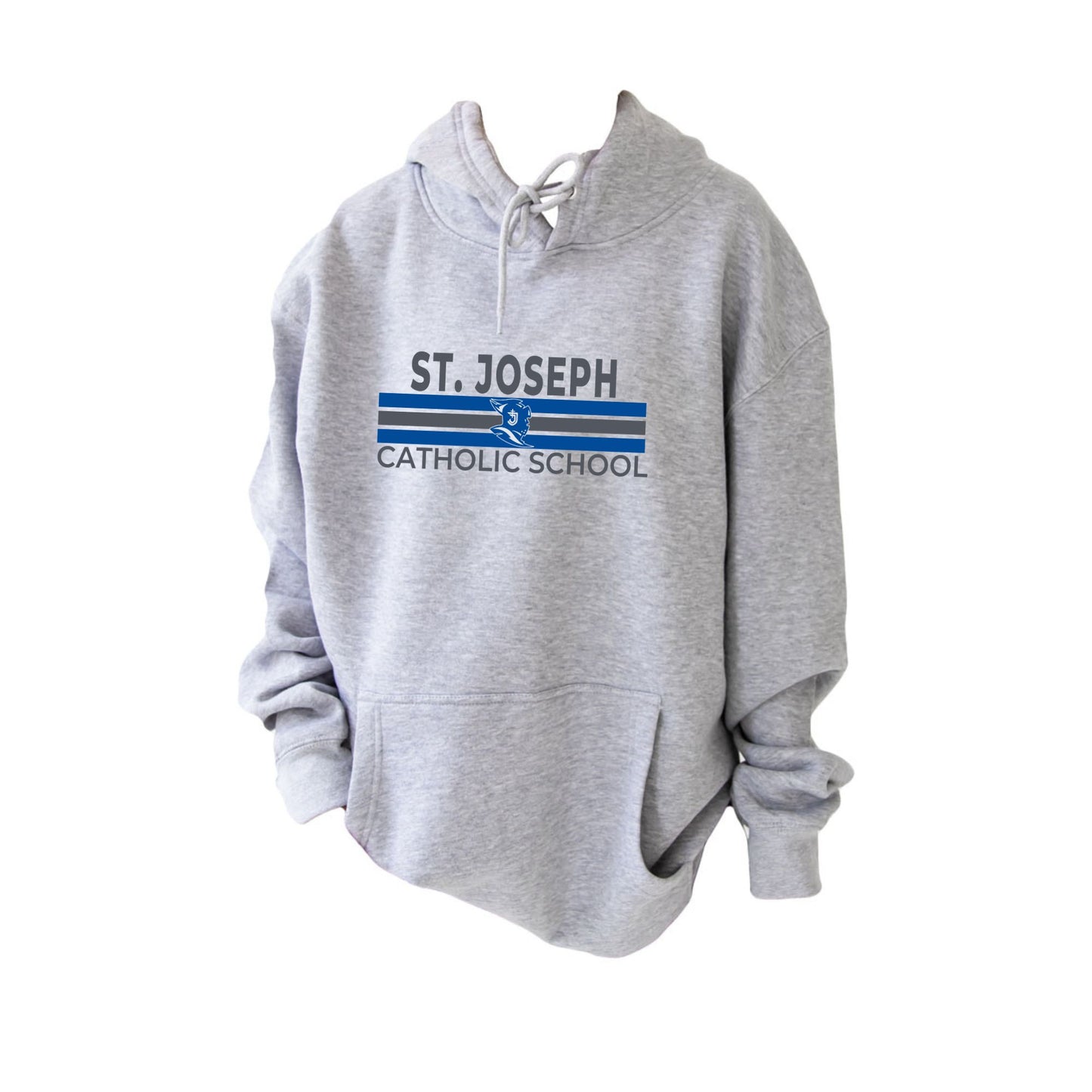 athletic heather hooded sweatshirt with custom st. joseph catholic school printed design on the center chest