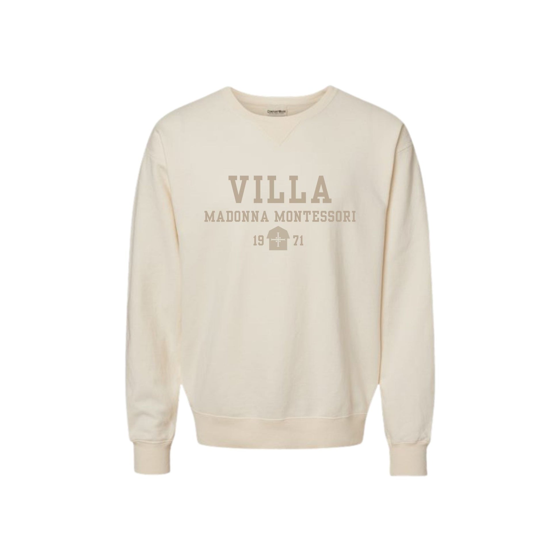 Beige sweatshirt with 'Villa Madonna Montessori' text on a white background