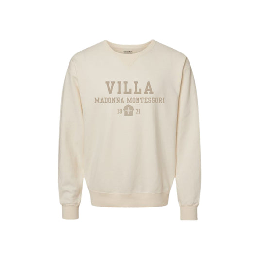 Beige sweatshirt with 'Villa Madonna Montessori' text on a white background