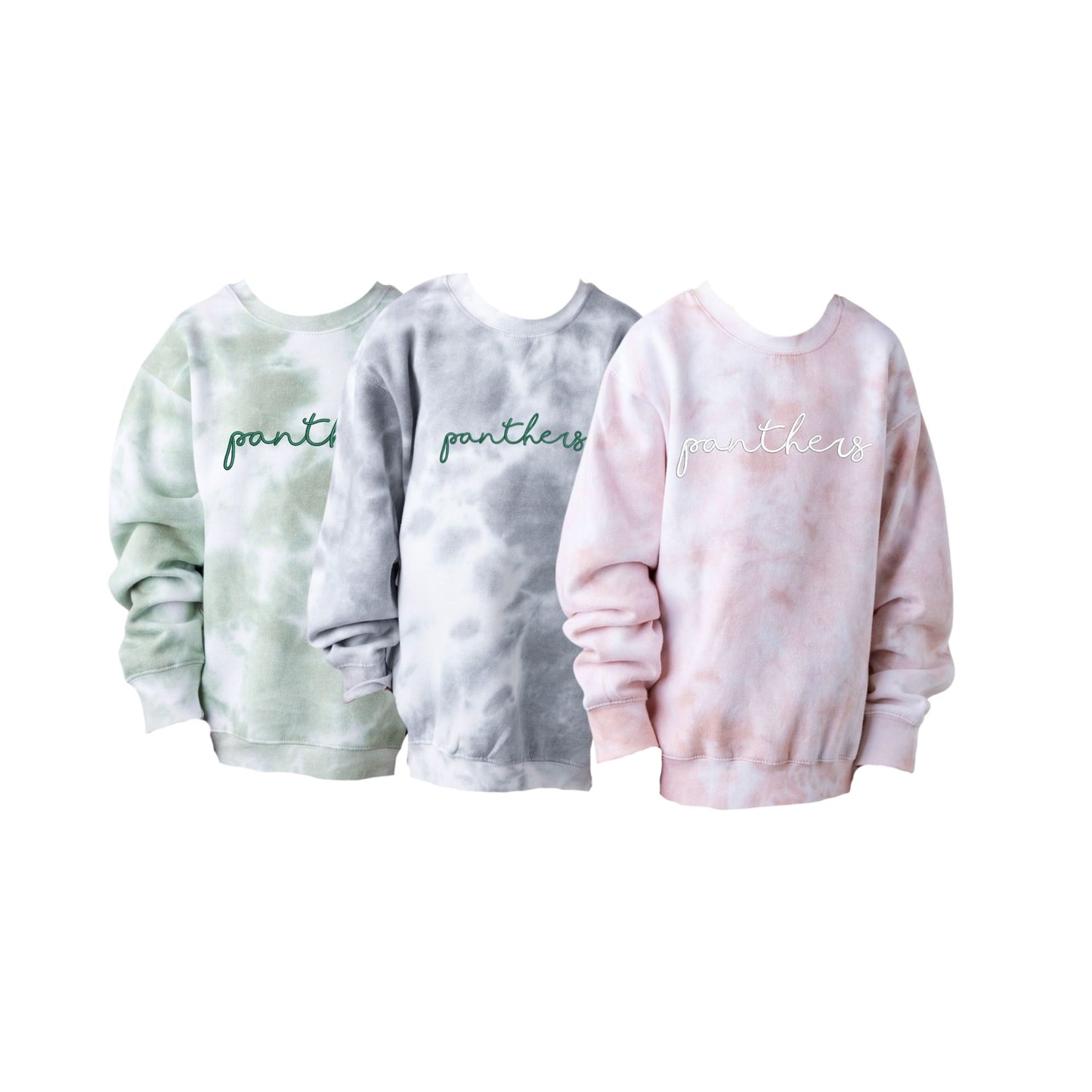 Three tie-dye sweatshirts with 'panthers' text on a white background