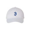 White cap with a blue logo on a white background