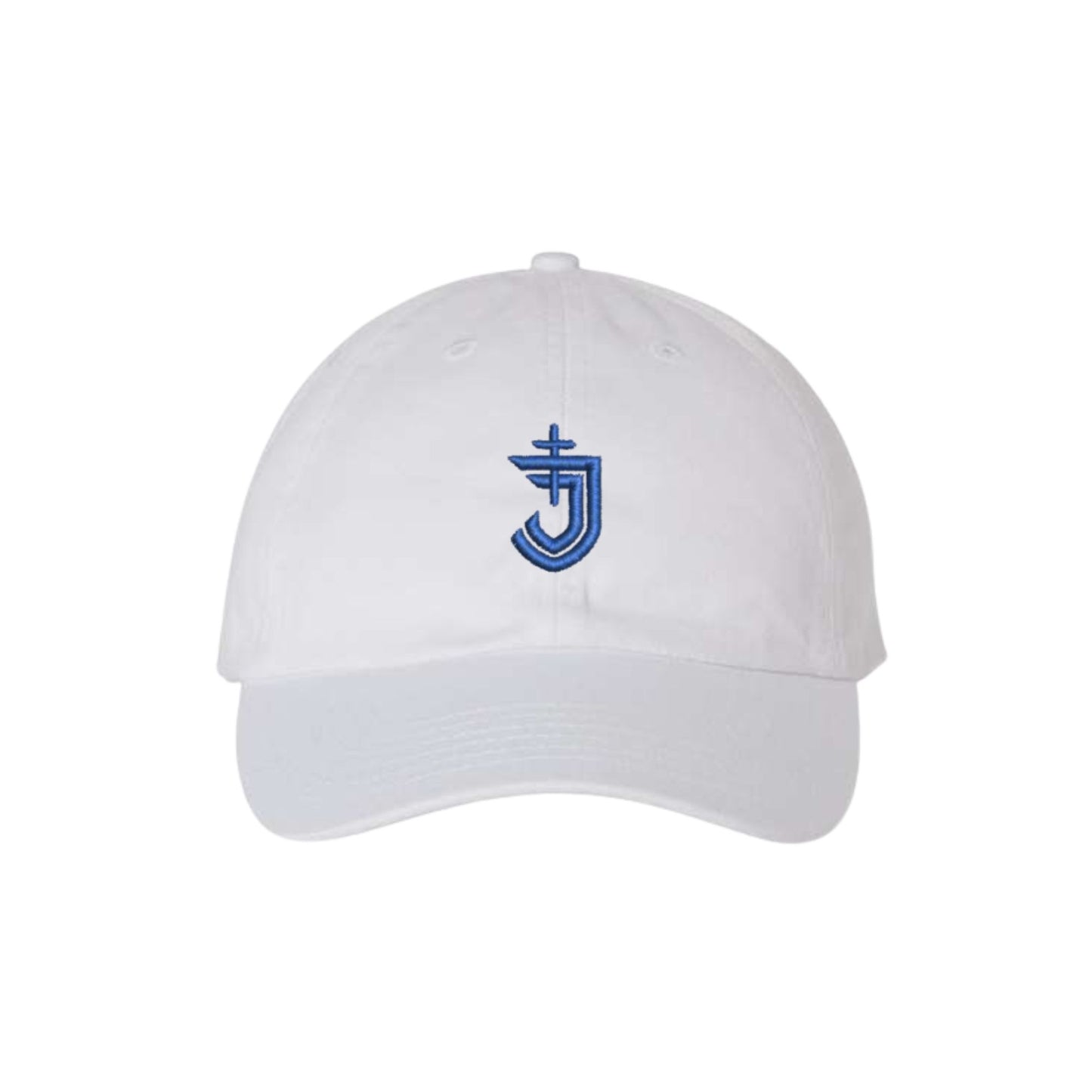 White cap with a blue logo on a white background