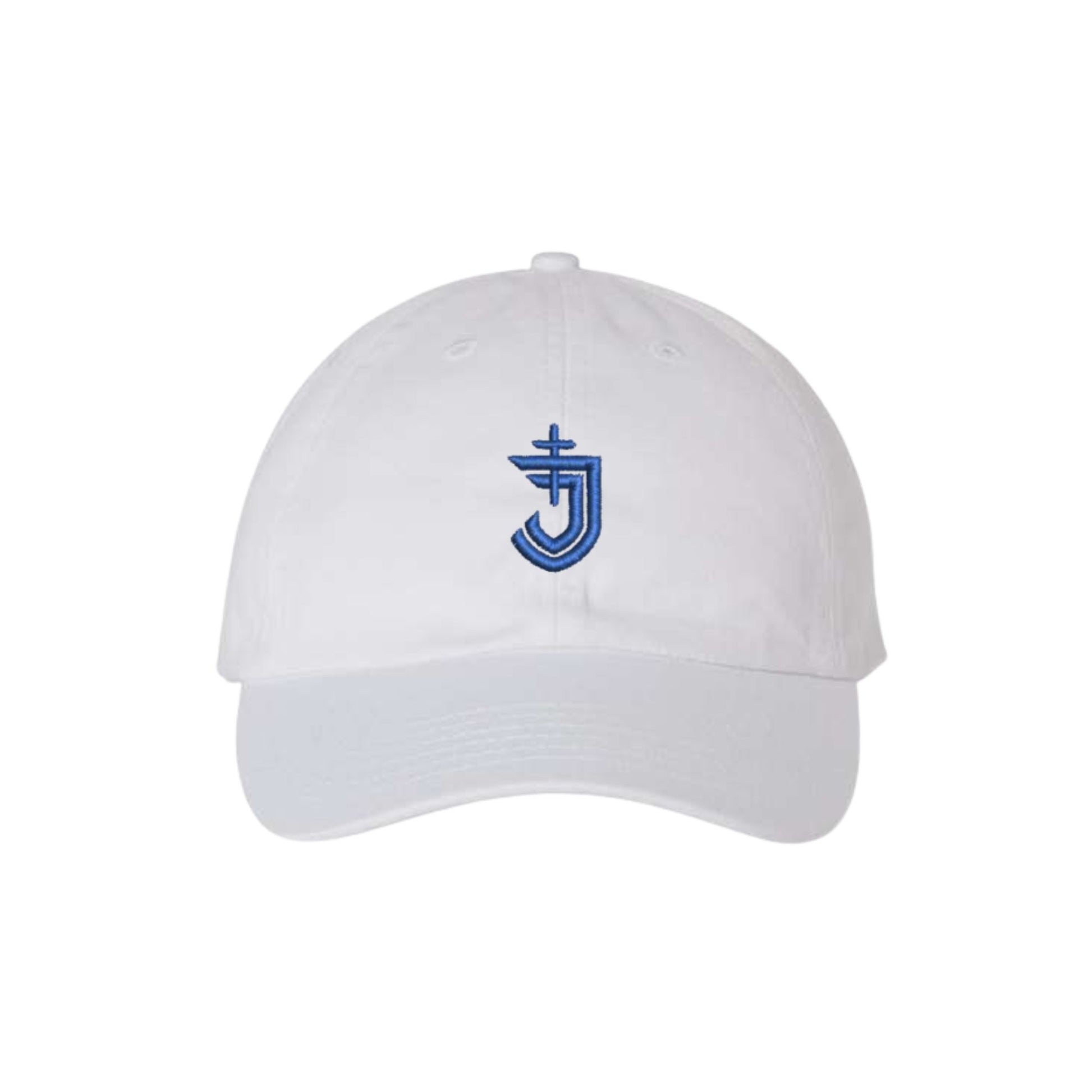 White cap with a blue logo on a white background