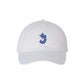 White cap with a blue logo on a white background