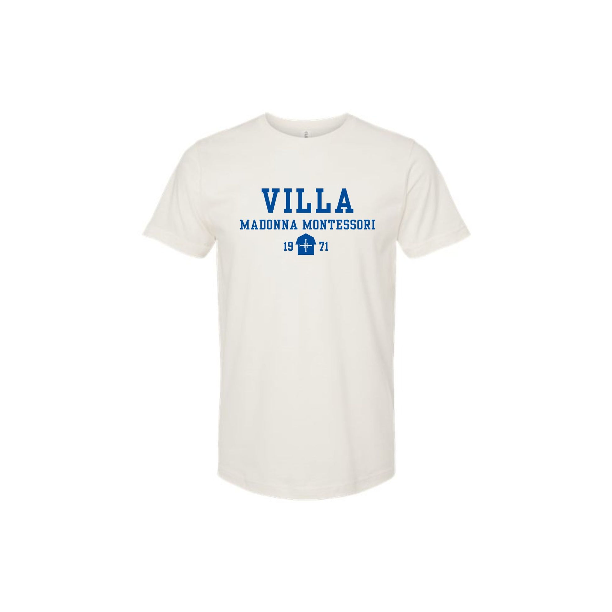 An off-white short-sleeve t-shirt with blue text on the chest reading 'VILLA MADONNA MONTESSORI 1921' and a small house graphic, shown on a plain white background.