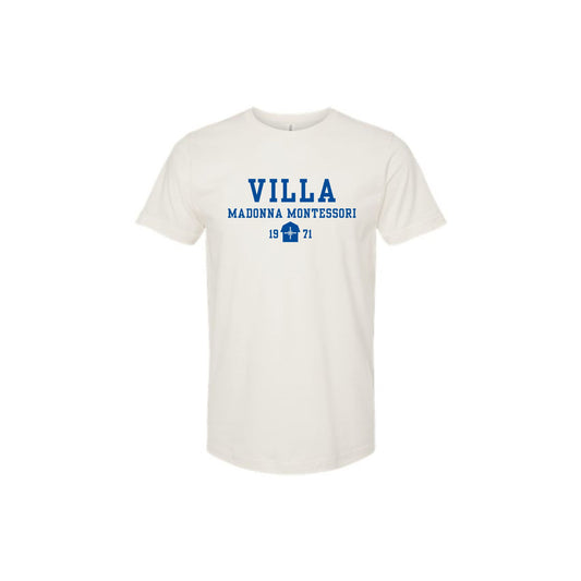An off-white short-sleeve t-shirt with blue text on the chest reading 'VILLA MADONNA MONTESSORI 1921' and a small house graphic, shown on a plain white background.