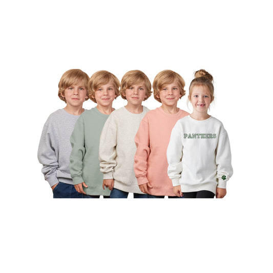 Five children wearing sweatshirts in various colors on a white background