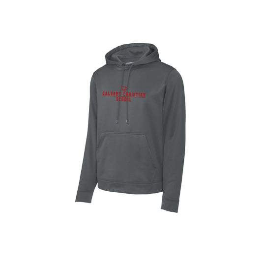 Grey hoodie with red calvary christian school print across the center chest