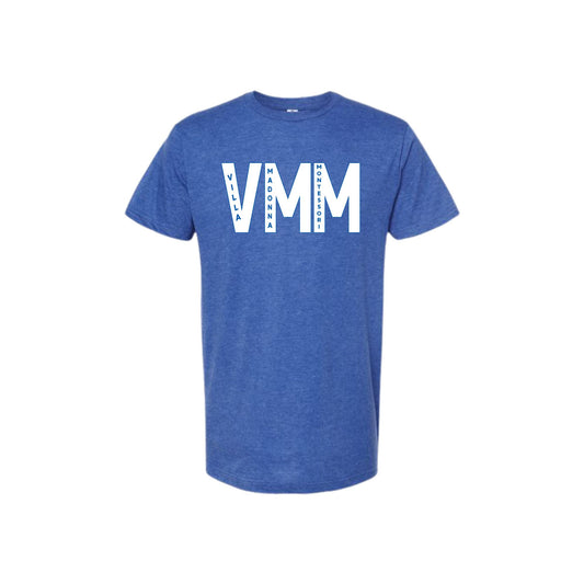Blue t-shirt with white 'VMM' logo on a white background