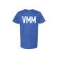 Blue t-shirt with white 'VMM' logo on a white background