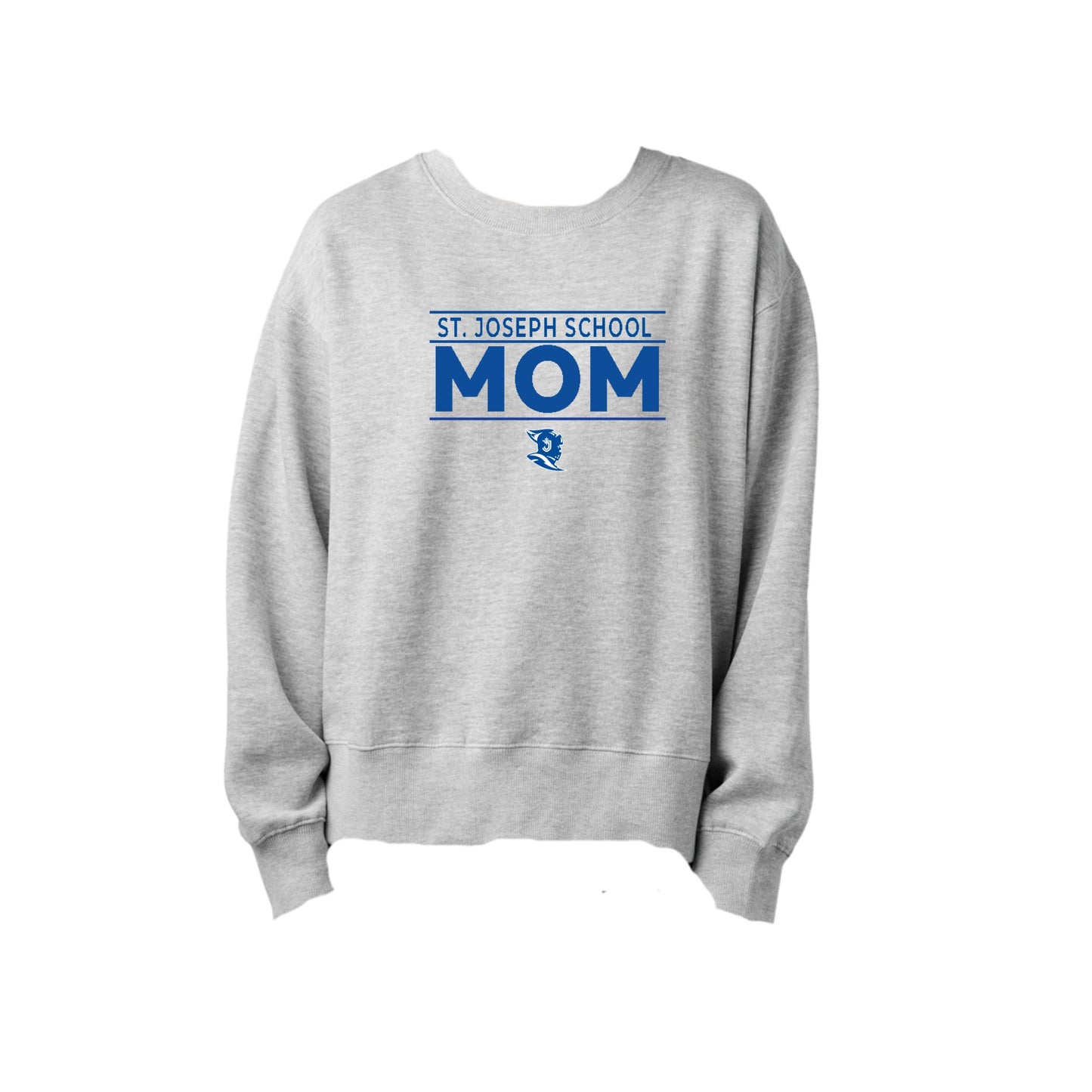 Gray sweatshirt with 'St. Joseph School Mom' text on a white background