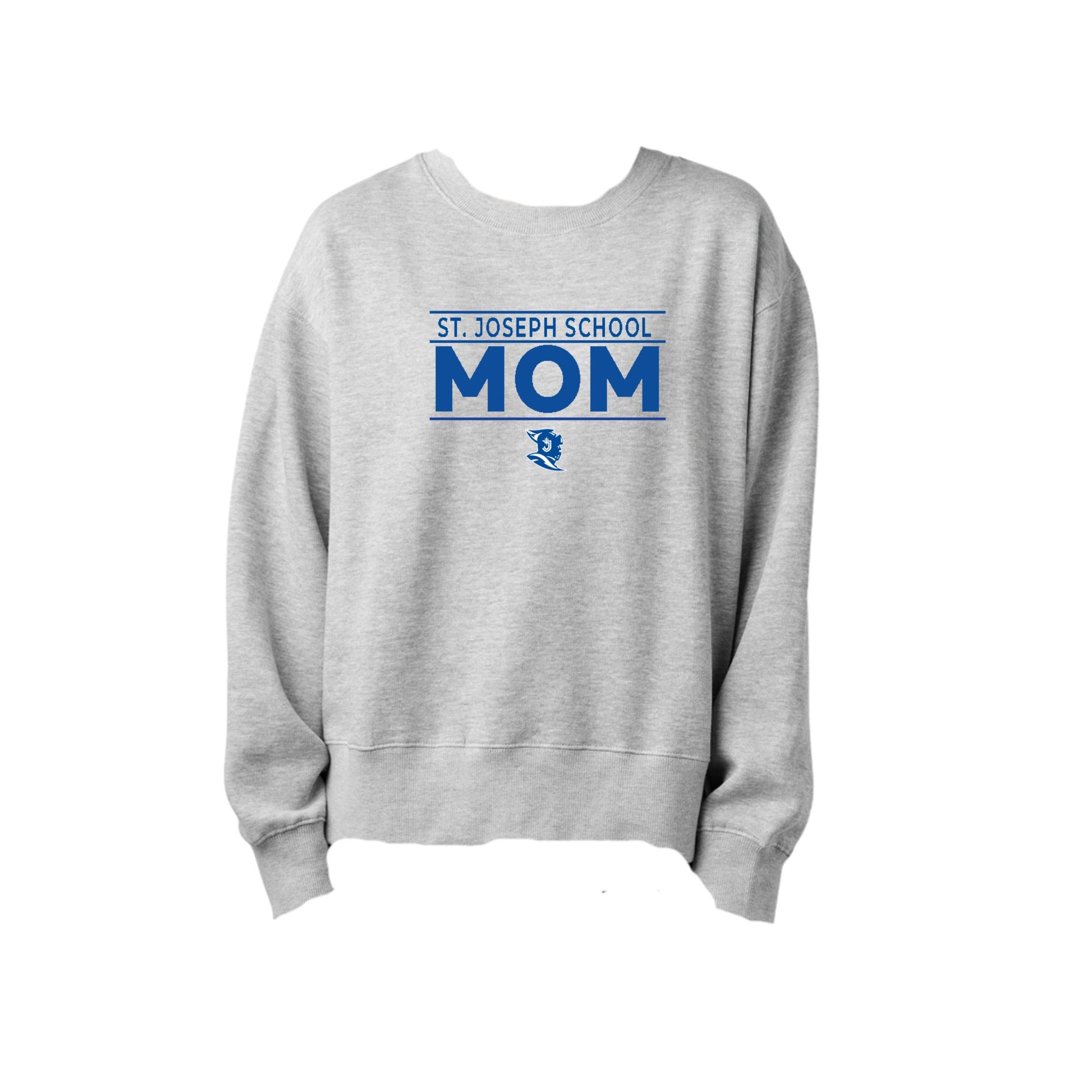 Gray sweatshirt with 'St. Joseph School Mom' text on a white background