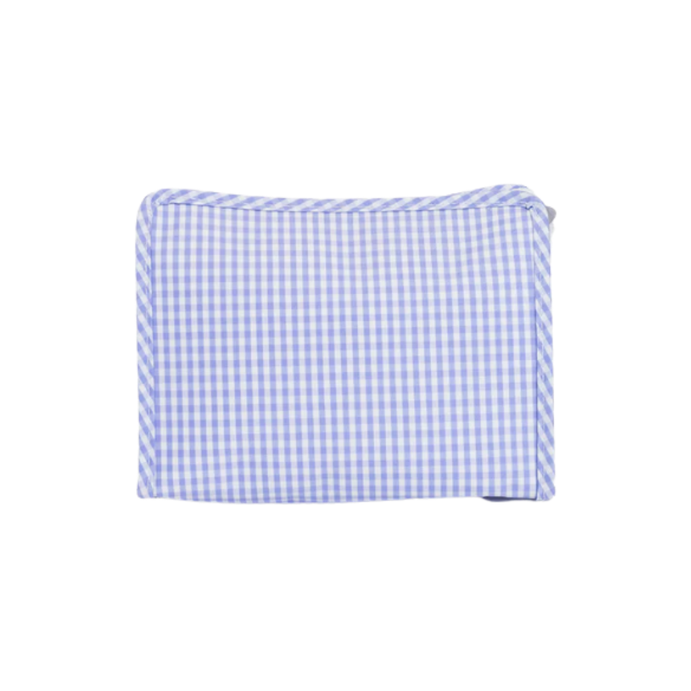 Blue and white checkered pouch on a white background