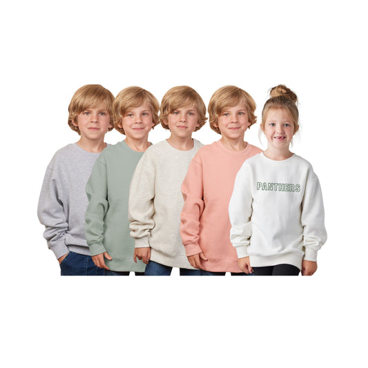 Five children wearing sweatshirts in various colors on a white background