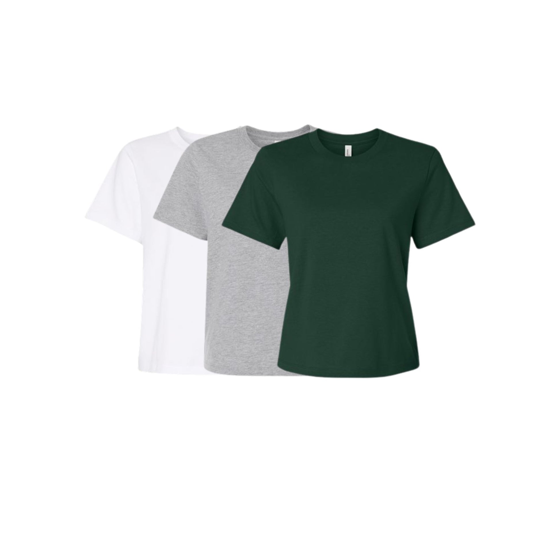 Three t-shirts in white, gray, and green on a white background