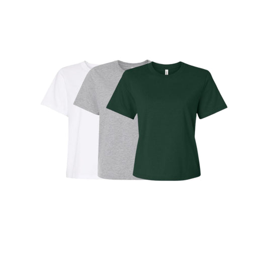 Three t-shirts in white, gray, and green on a white background