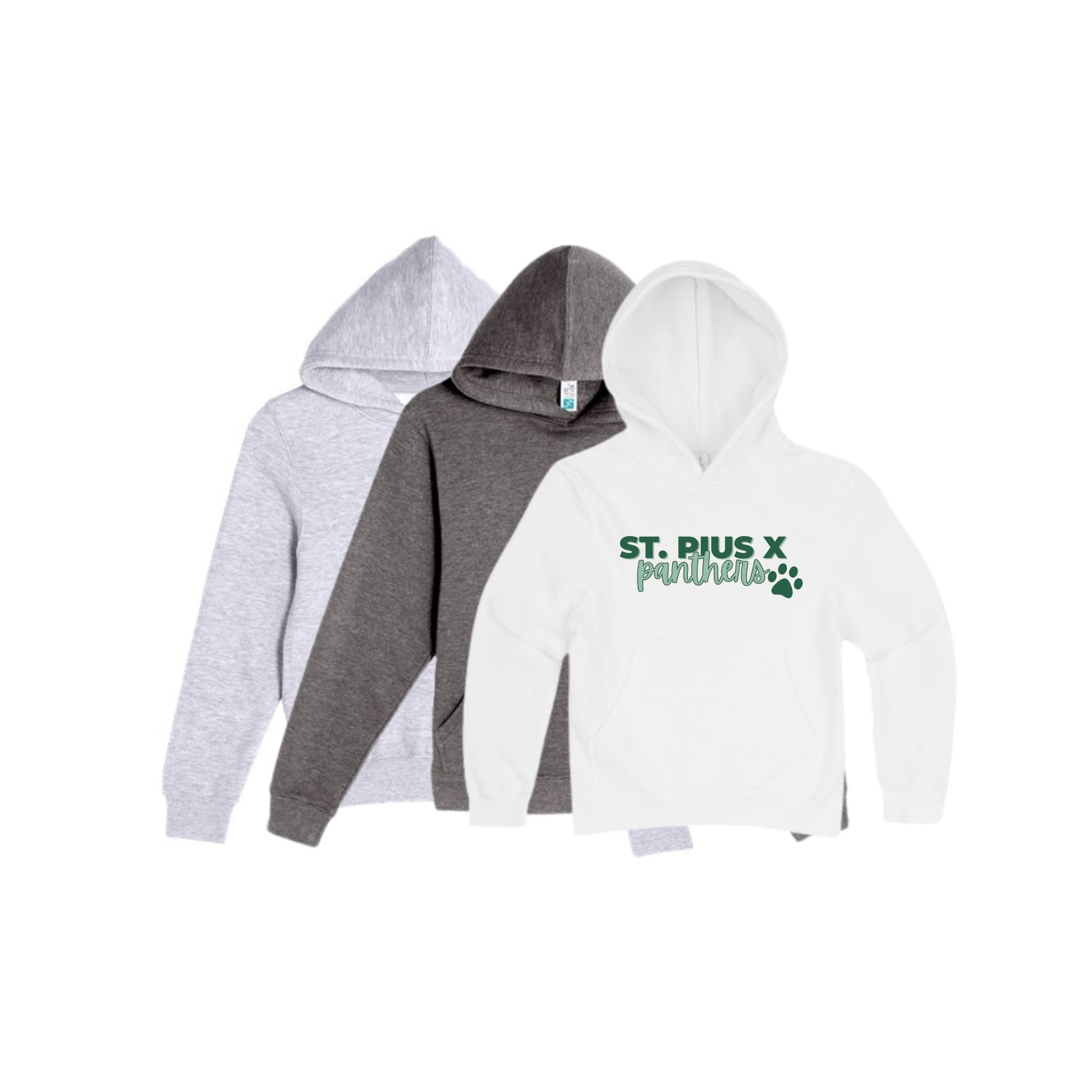 Three hoodies in gray, black, and white with 'St. Pius X Panthers' text on a white background