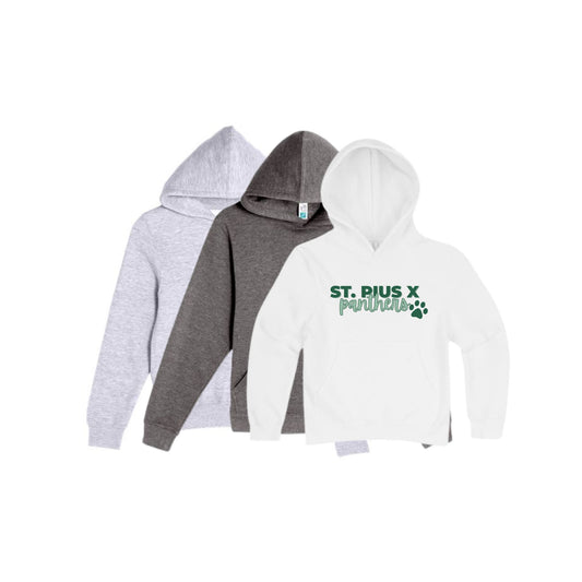 Three hoodies in gray, black, and white with 'St. Pius X Panthers' text on a white background