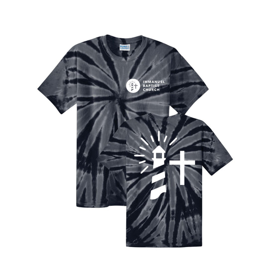Black tie dye youth tee with immanuel baptist church logo printed on the front and large cross and lighthouse on the back