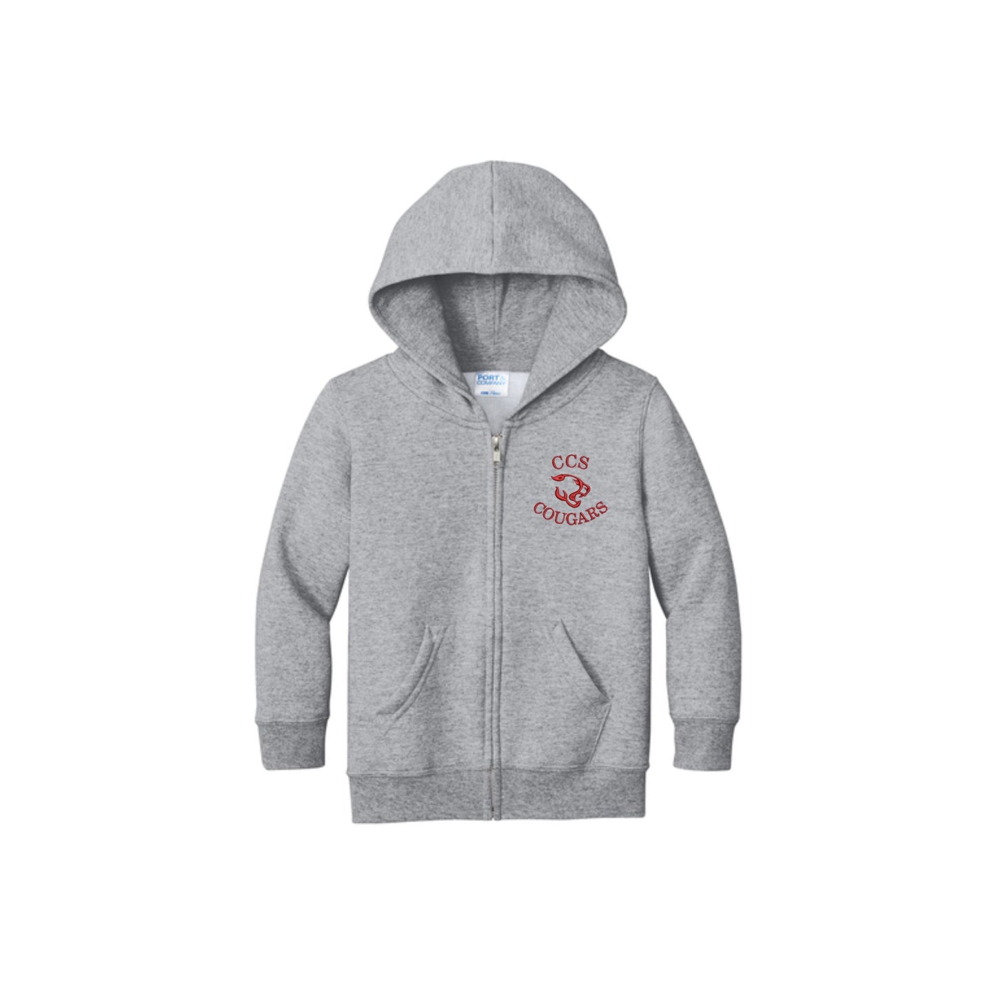 A heather gray zip-up hoodie with a red 'cCS COUGAR' graphic on the left chest, displayed on a clean white background.